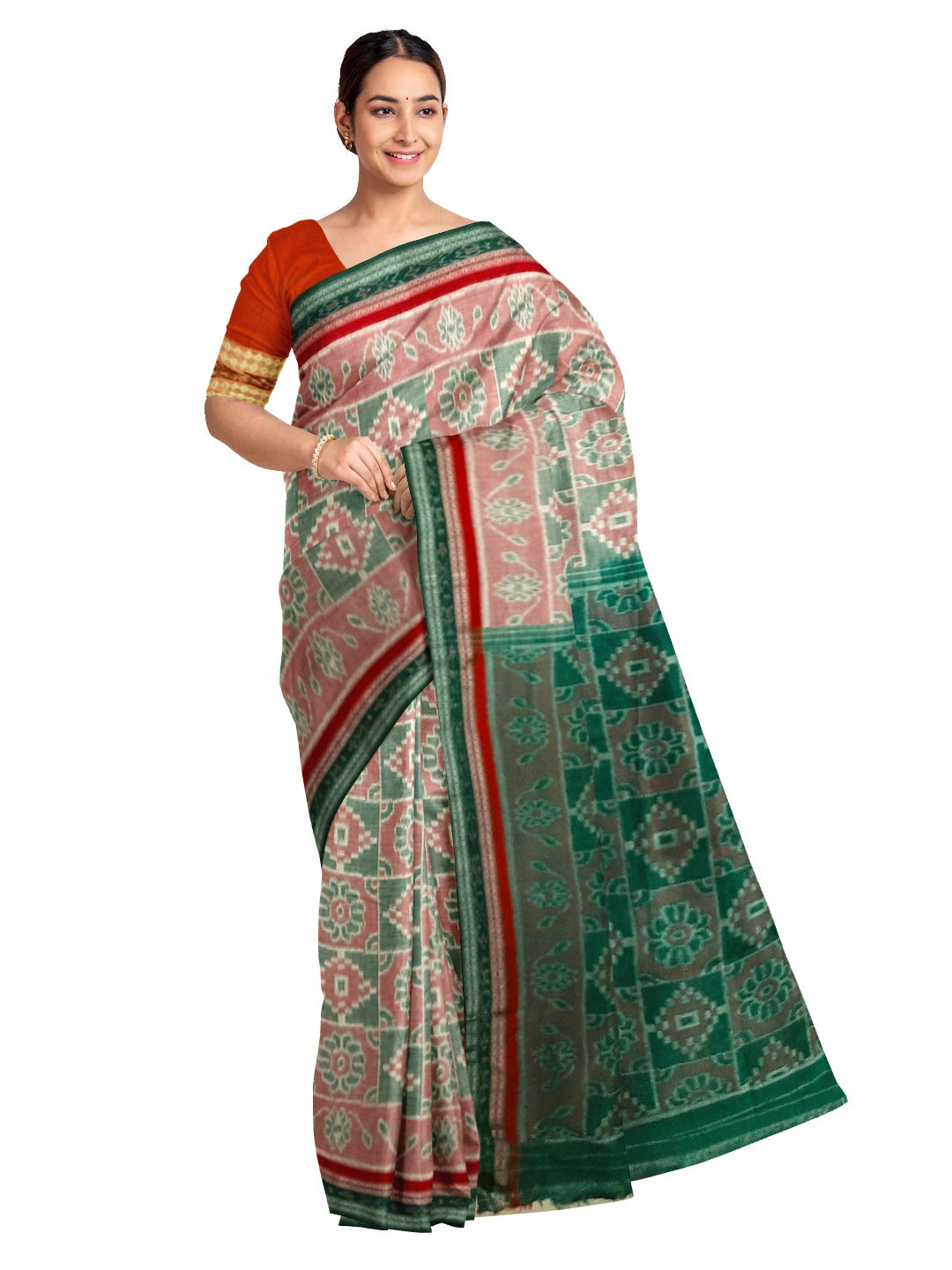Double border Cotton Odisha Ikat saree with mix match cotton ikat blouse piece