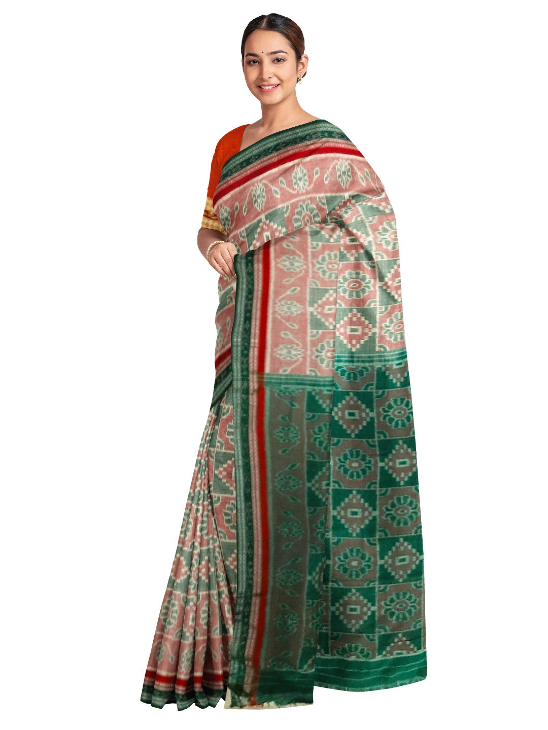 Double border Cotton Odisha Ikat saree with mix match cotton ikat blouse piece