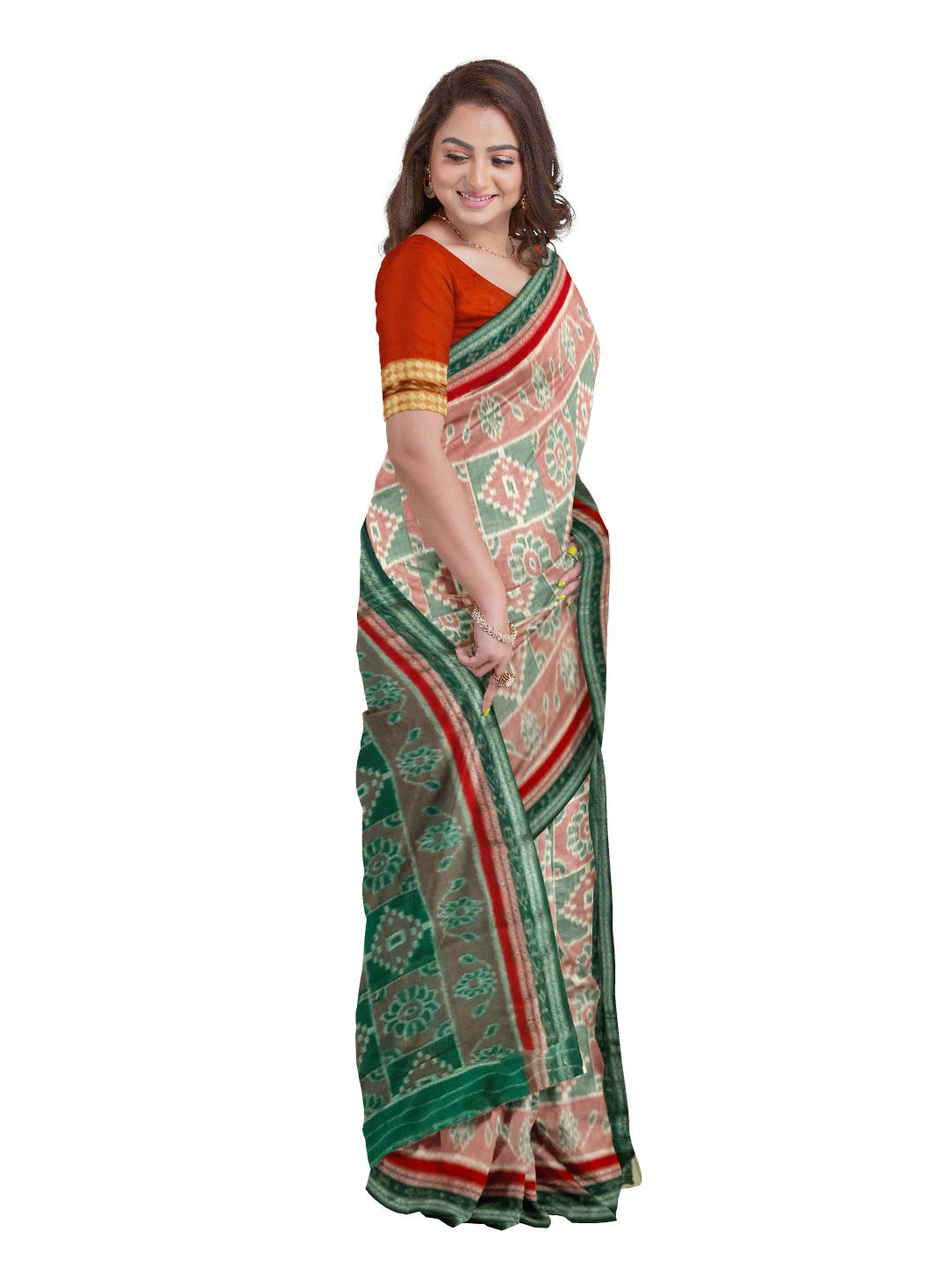 Double border Cotton Odisha Ikat saree with mix match cotton ikat blouse piece