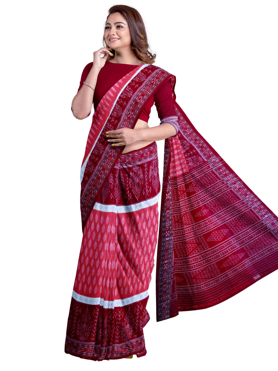 Pink with Maroon Cotton Odisha Ikat saree with mix match cotton ikat blouse piece