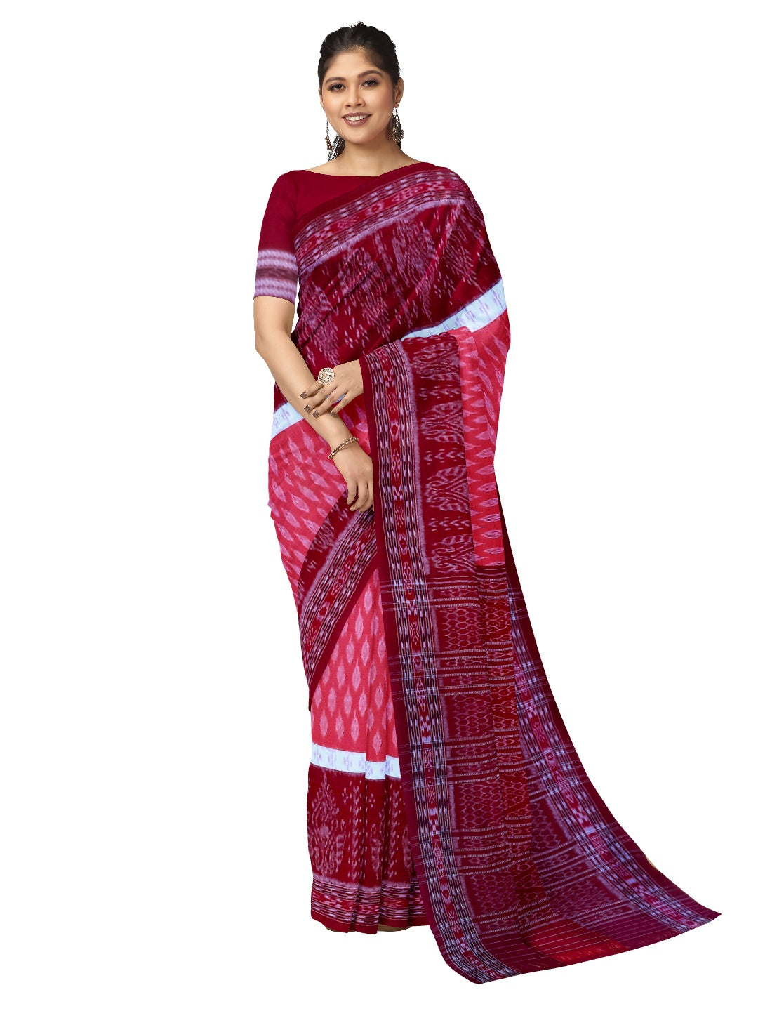 Pink with Maroon Cotton Odisha Ikat saree with mix match cotton ikat blouse piece