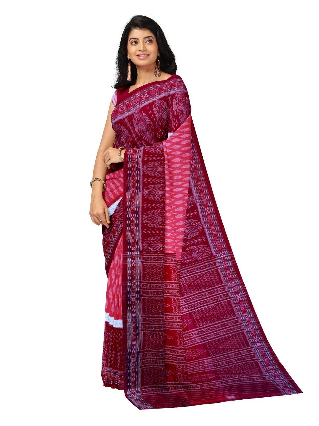 Pink with Maroon Cotton Odisha Ikat saree with mix match cotton ikat blouse piece