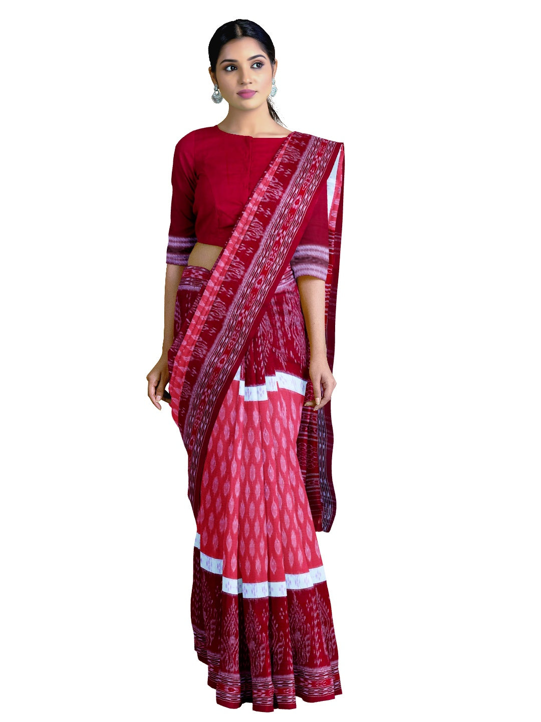 Pink with Maroon Cotton Odisha Ikat saree with mix match cotton ikat blouse piece