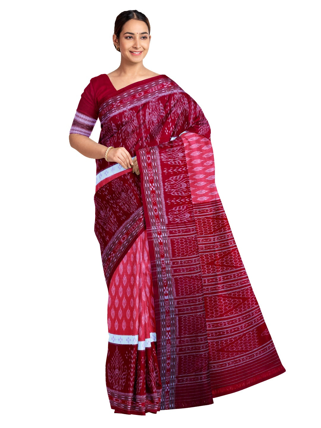 Pink with Maroon Cotton Odisha Ikat saree with mix match cotton ikat blouse piece