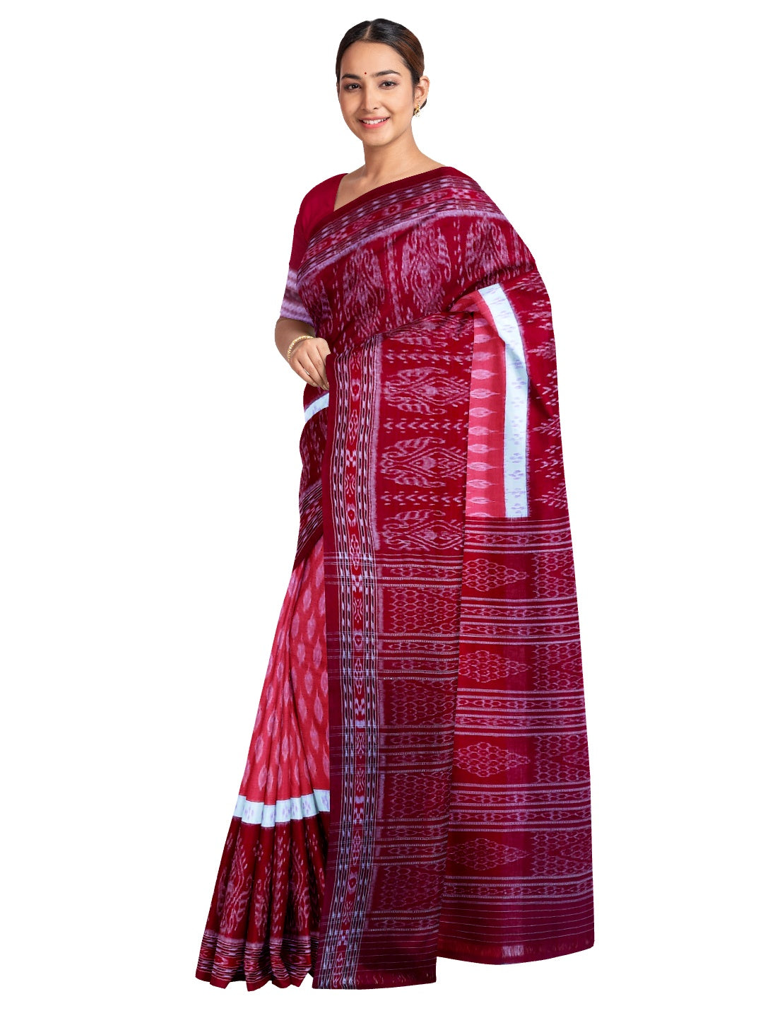 Pink with Maroon Cotton Odisha Ikat saree with mix match cotton ikat blouse piece
