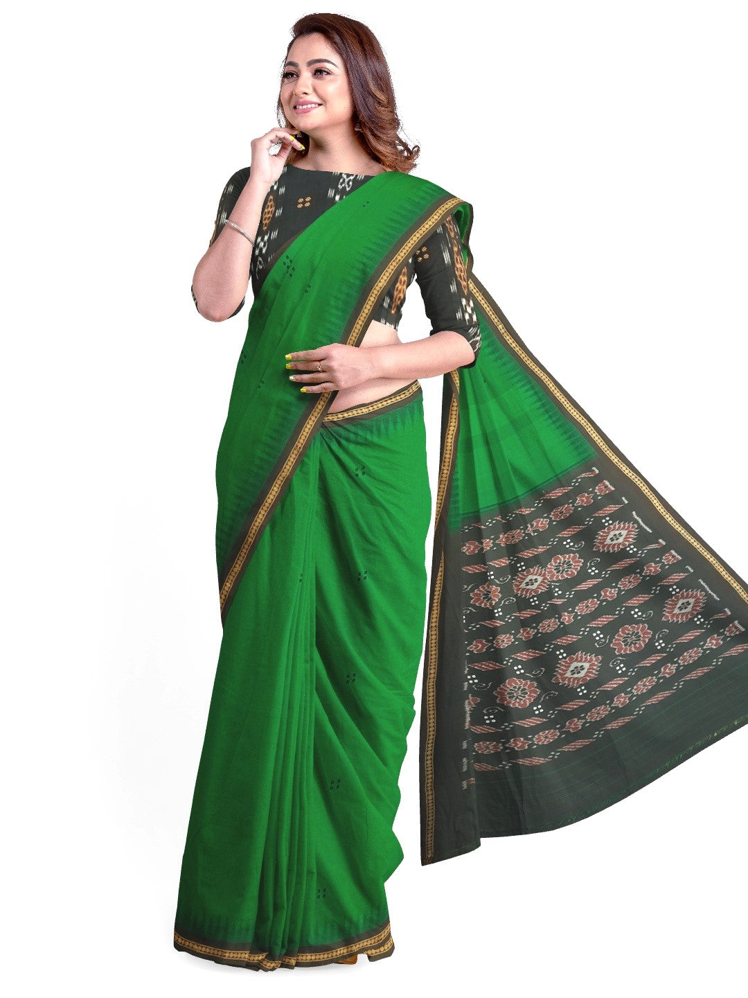 Green Cotton Odisha Ikat saree with mix match cotton ikat blouse