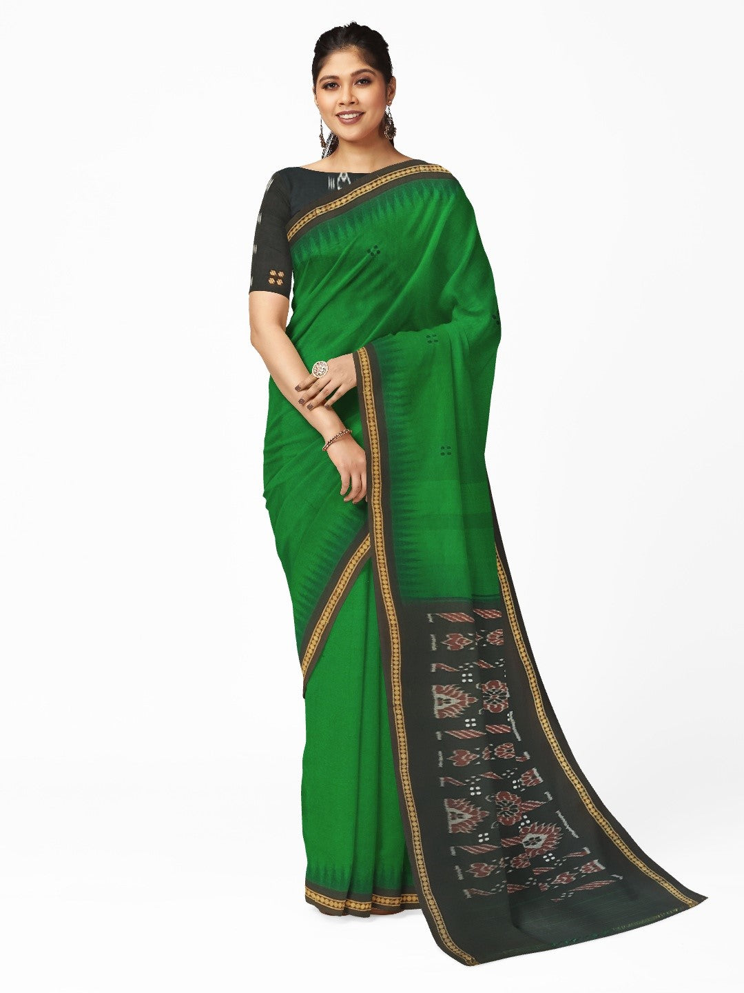 Green Cotton Odisha Ikat saree with mix match cotton ikat blouse