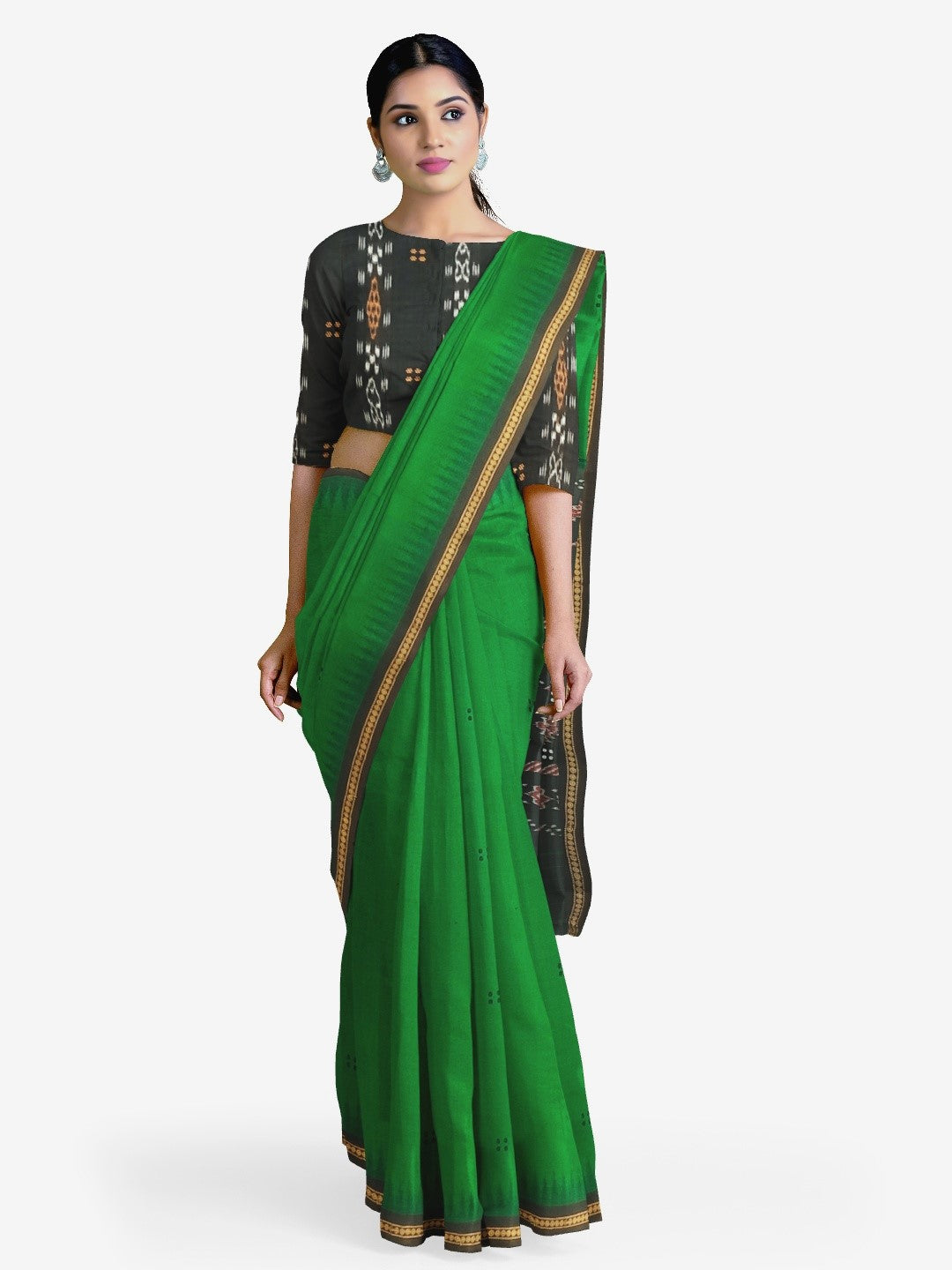 Green Cotton Odisha Ikat saree with mix match cotton ikat blouse