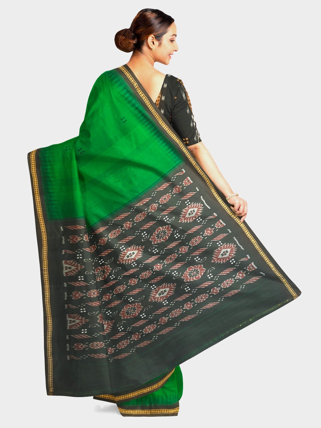 Green Cotton Odisha Ikat saree with mix match cotton ikat blouse