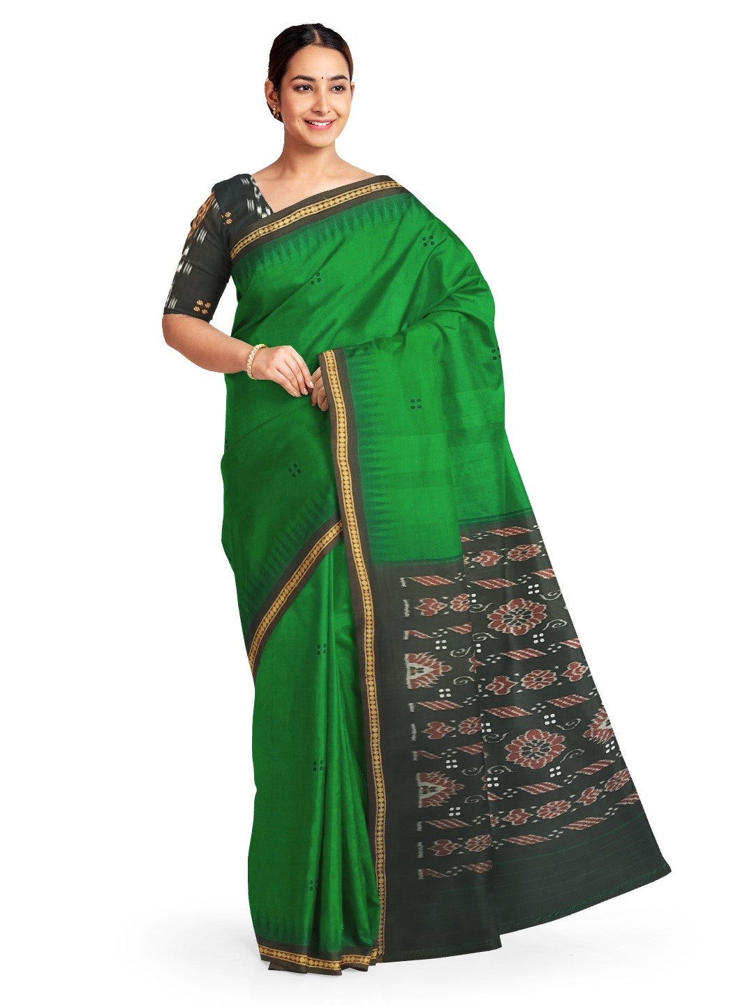 Green Cotton Odisha Ikat saree with mix match cotton ikat blouse