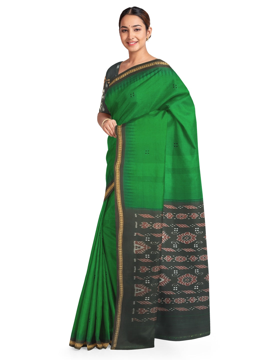 Green Cotton Odisha Ikat saree with mix match cotton ikat blouse