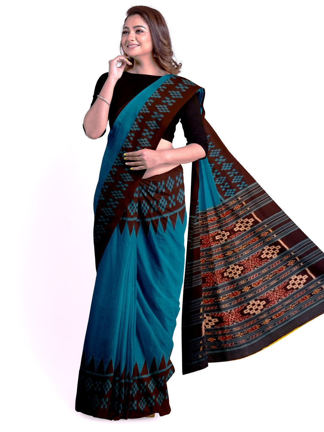 Blue Bapta Cotton Silk Odisha Ikat saree with running blouse piece