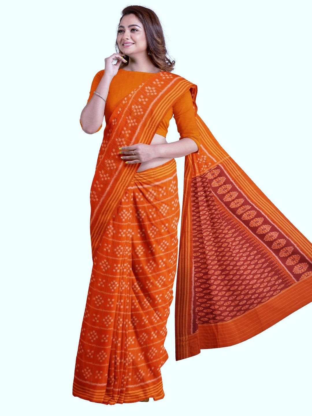 Orange Bapta Cotton Silk Odisha Ikat saree with running blouse piece