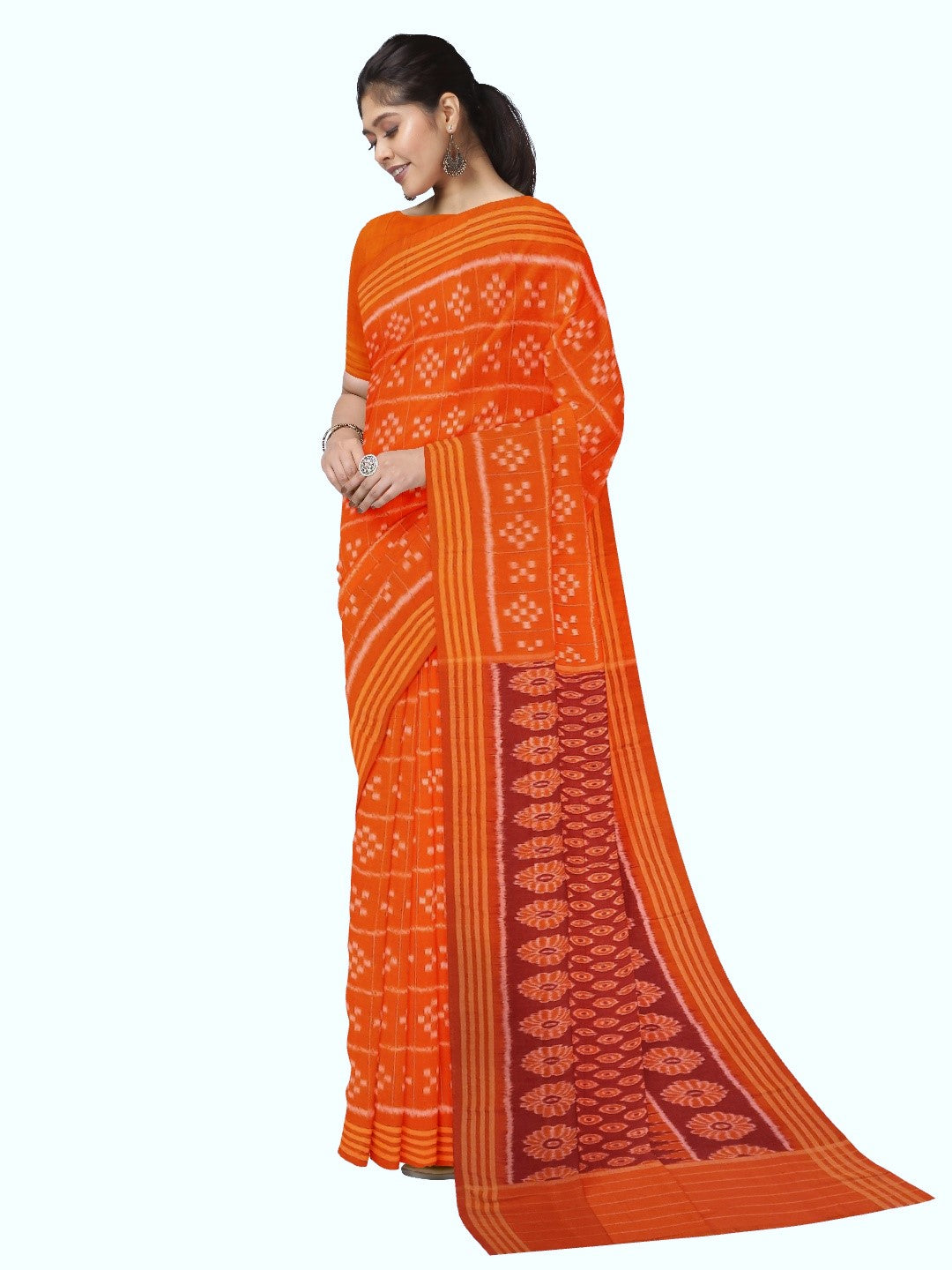 Orange Bapta Cotton Silk Odisha Ikat saree with running blouse piece