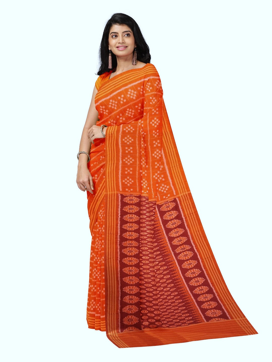 Orange Bapta Cotton Silk Odisha Ikat saree with running blouse piece