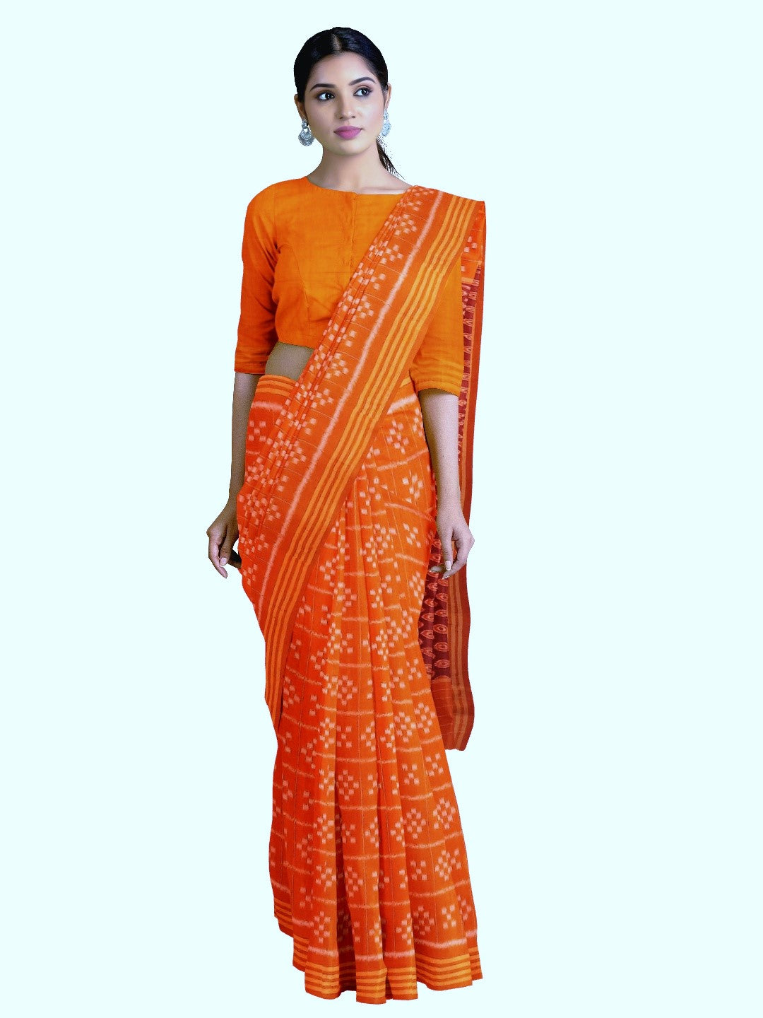 Orange Bapta Cotton Silk Odisha Ikat saree with running blouse piece