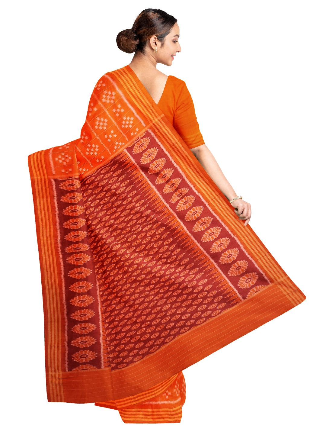 Orange Bapta Cotton Silk Odisha Ikat saree with running blouse piece