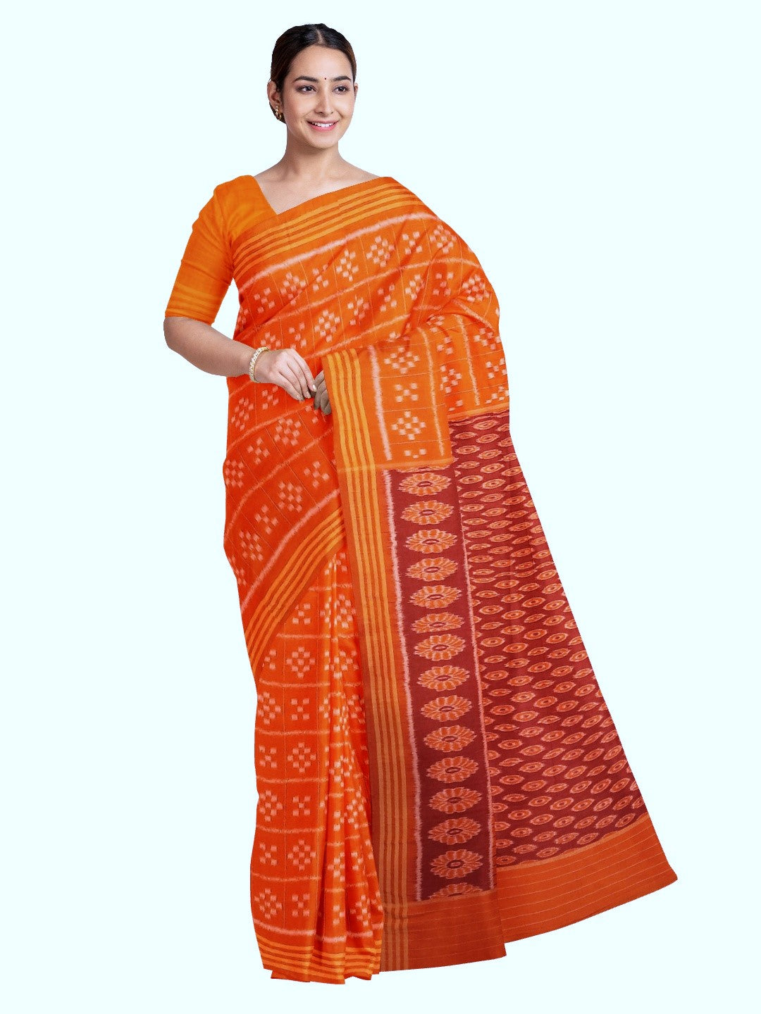 Orange Bapta Cotton Silk Odisha Ikat saree with running blouse piece