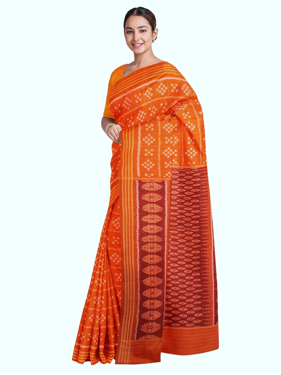 Orange Bapta Cotton Silk Odisha Ikat saree with running blouse piece