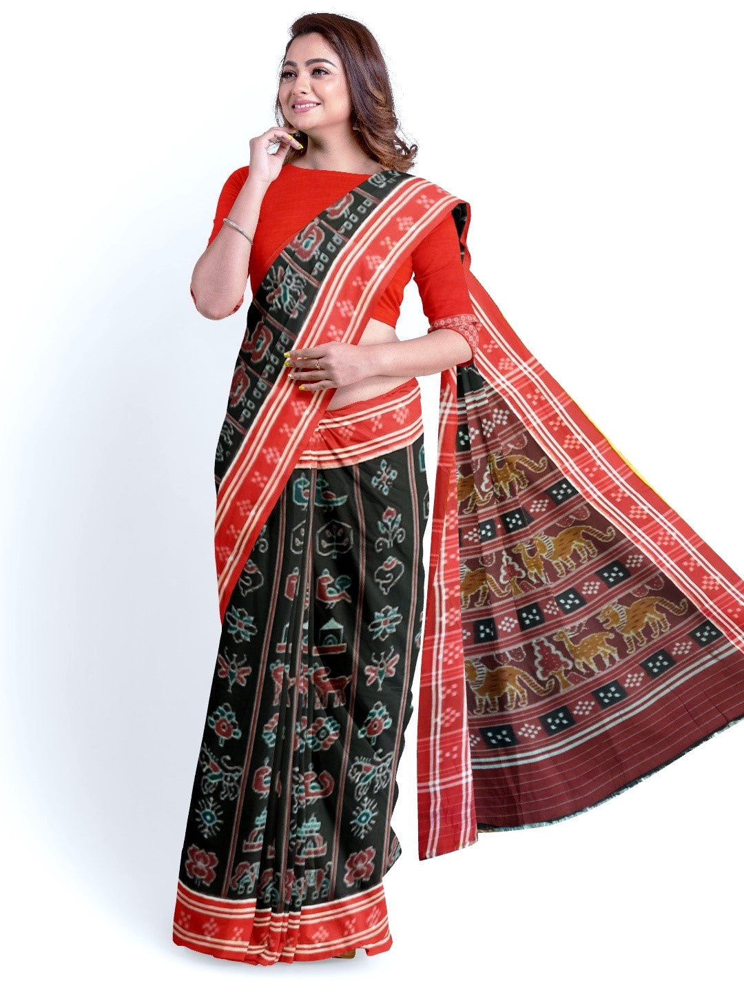 Black with Red colour cotton ikat Saree with mix match red cotton Ikat blouse