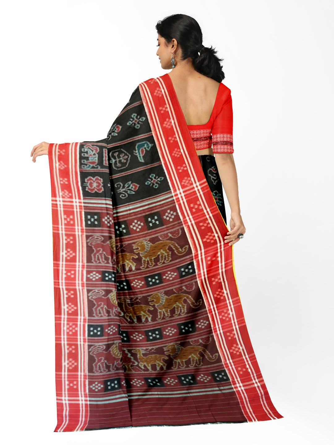 Black with Red colour cotton ikat Saree with mix match red cotton Ikat blouse
