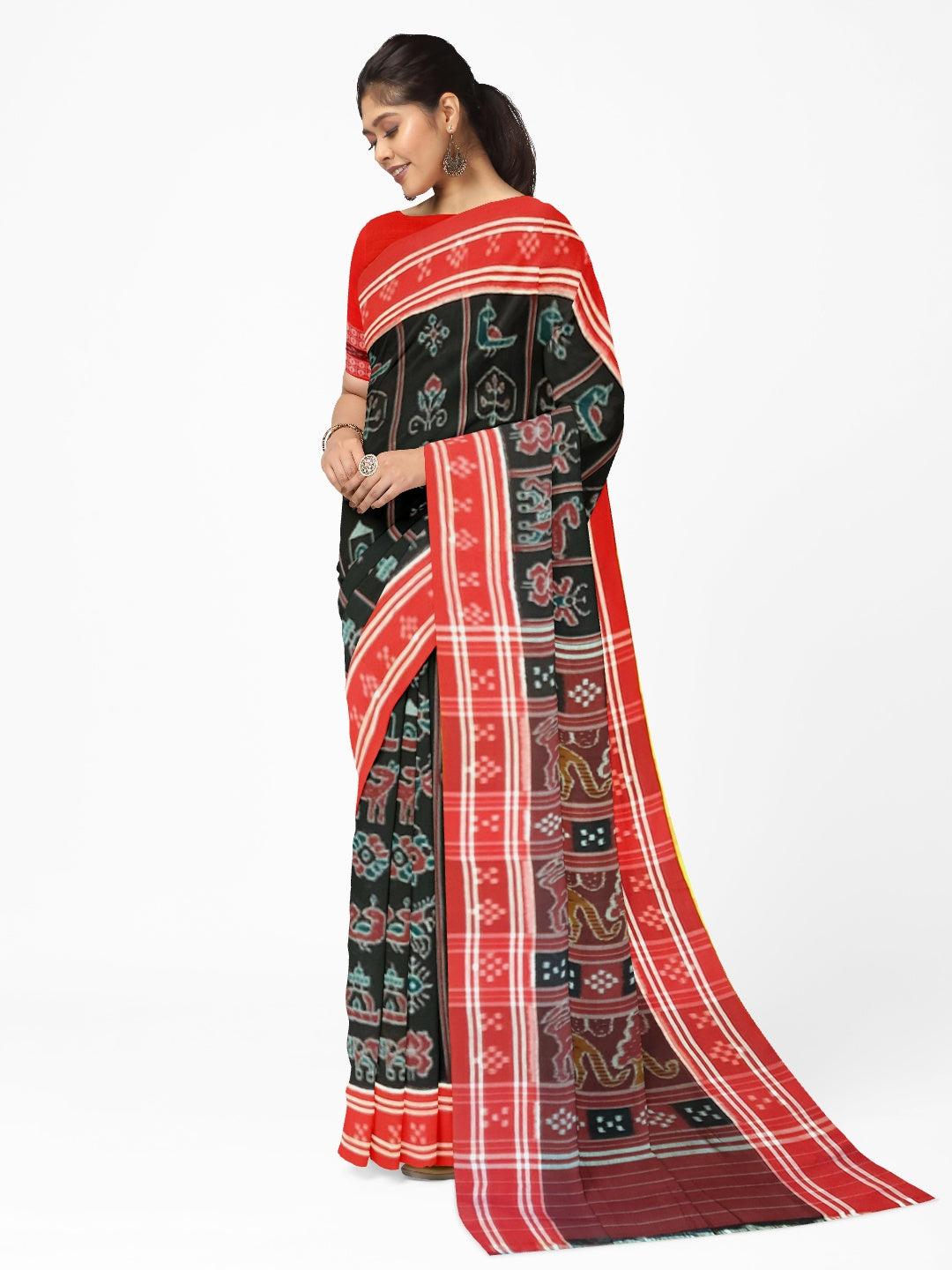 Black with Red colour cotton ikat Saree with mix match red cotton Ikat blouse