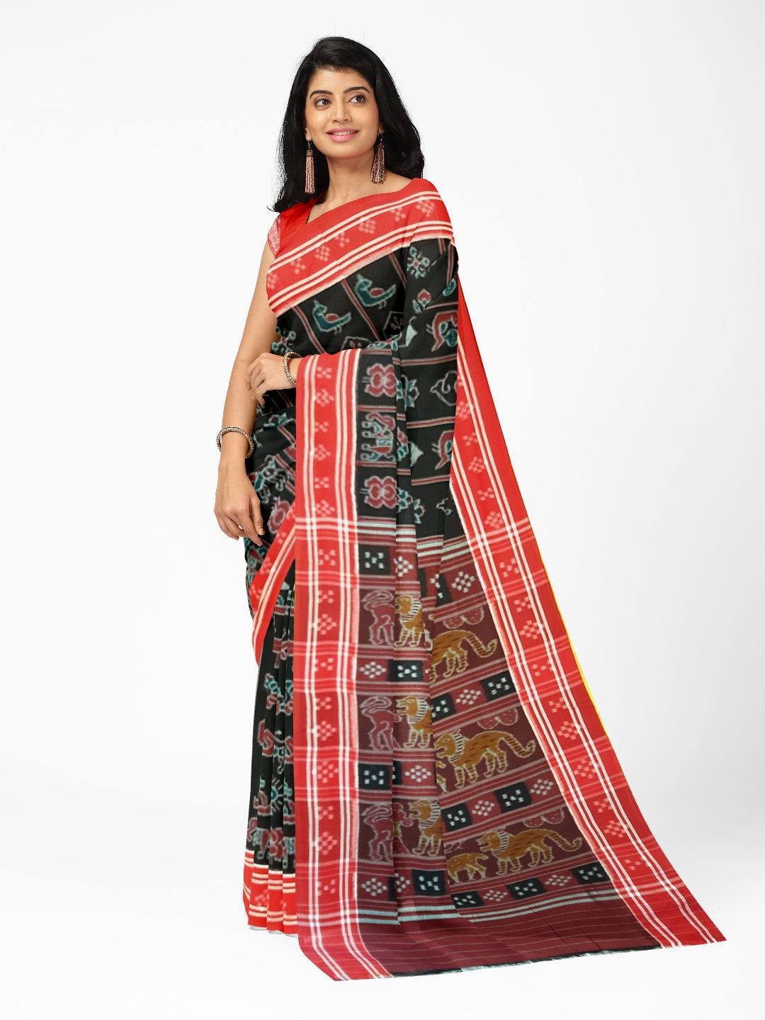Black with Red colour cotton ikat Saree with mix match red cotton Ikat blouse