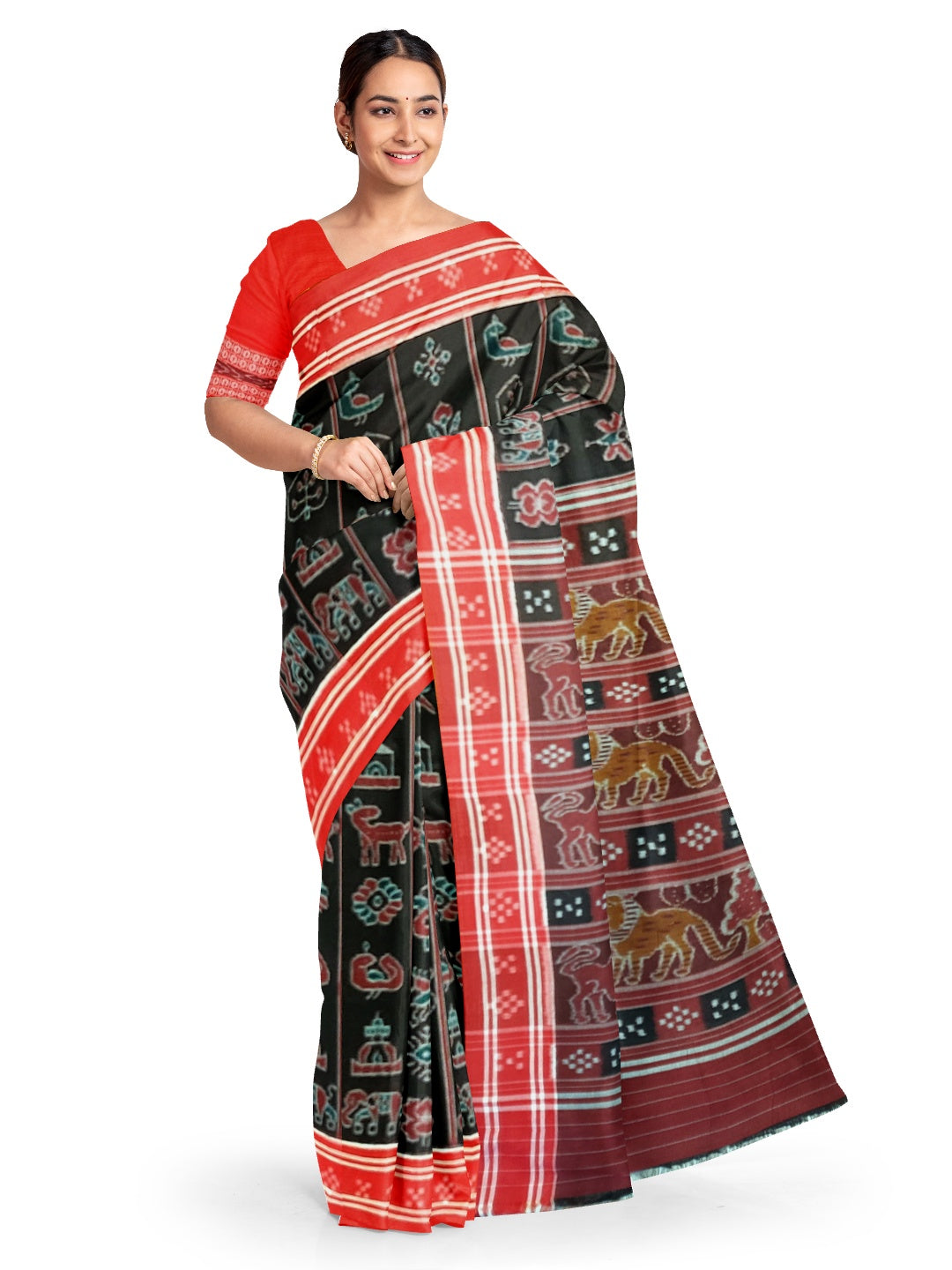 Black with Red colour cotton ikat Saree with mix match red cotton Ikat blouse