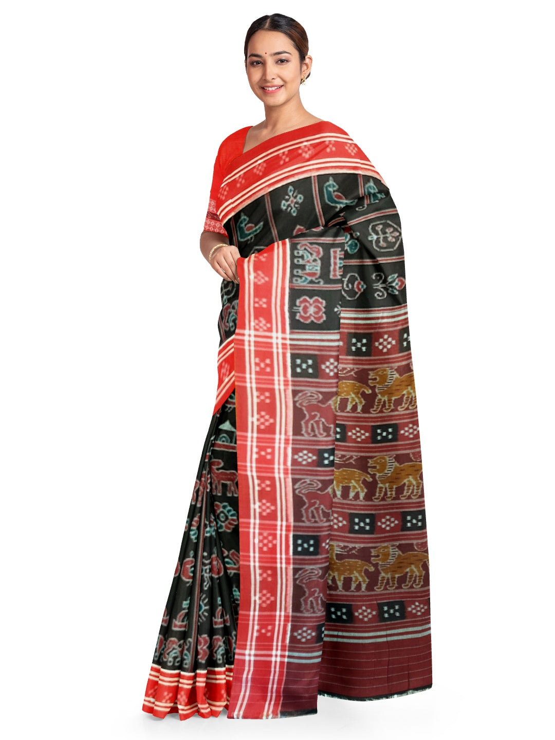 Black with Red colour cotton ikat Saree with mix match red cotton Ikat blouse