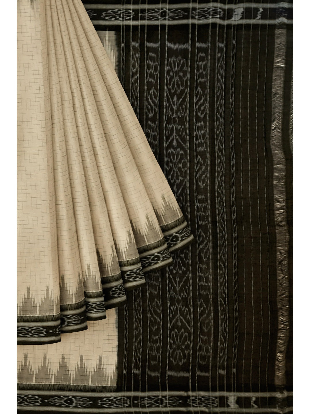 Beige Cotton Odisha Ikat saree with mix match cotton ikat blouse piece