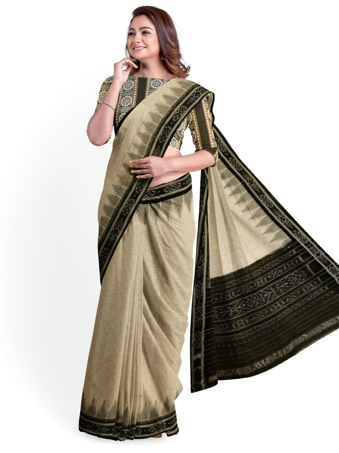 Beige Cotton Odisha Ikat saree with mix match cotton ikat blouse piece