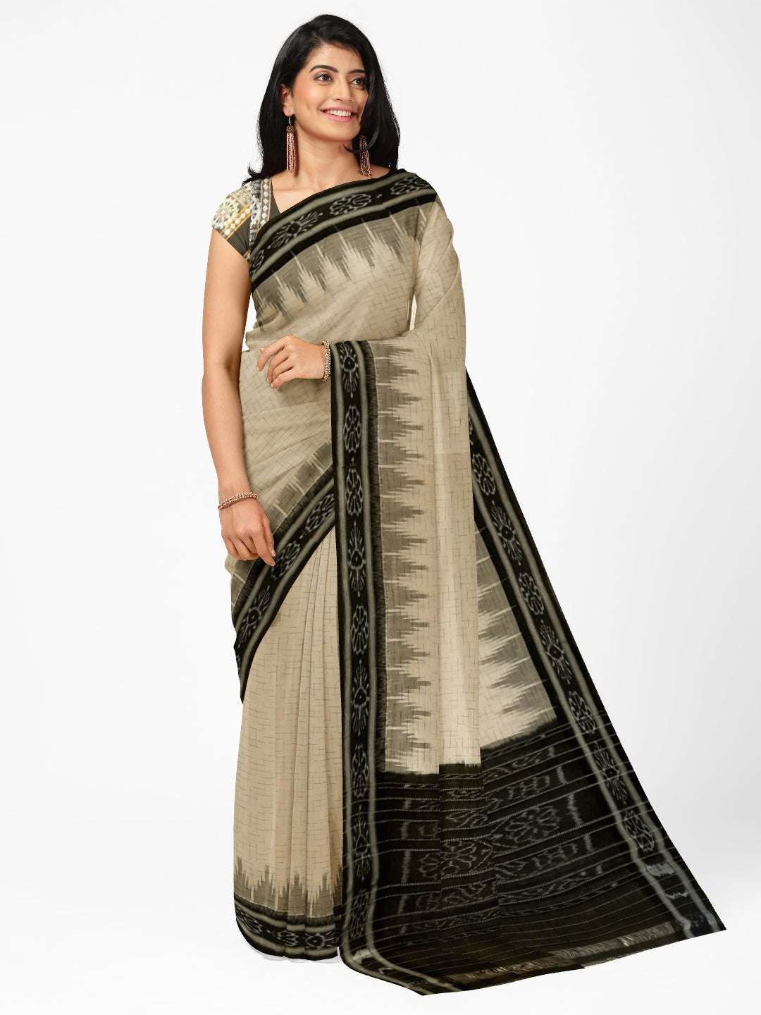 Beige Cotton Odisha Ikat saree with mix match cotton ikat blouse piece