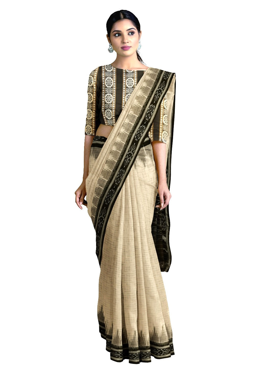 Beige Cotton Odisha Ikat saree with mix match cotton ikat blouse piece