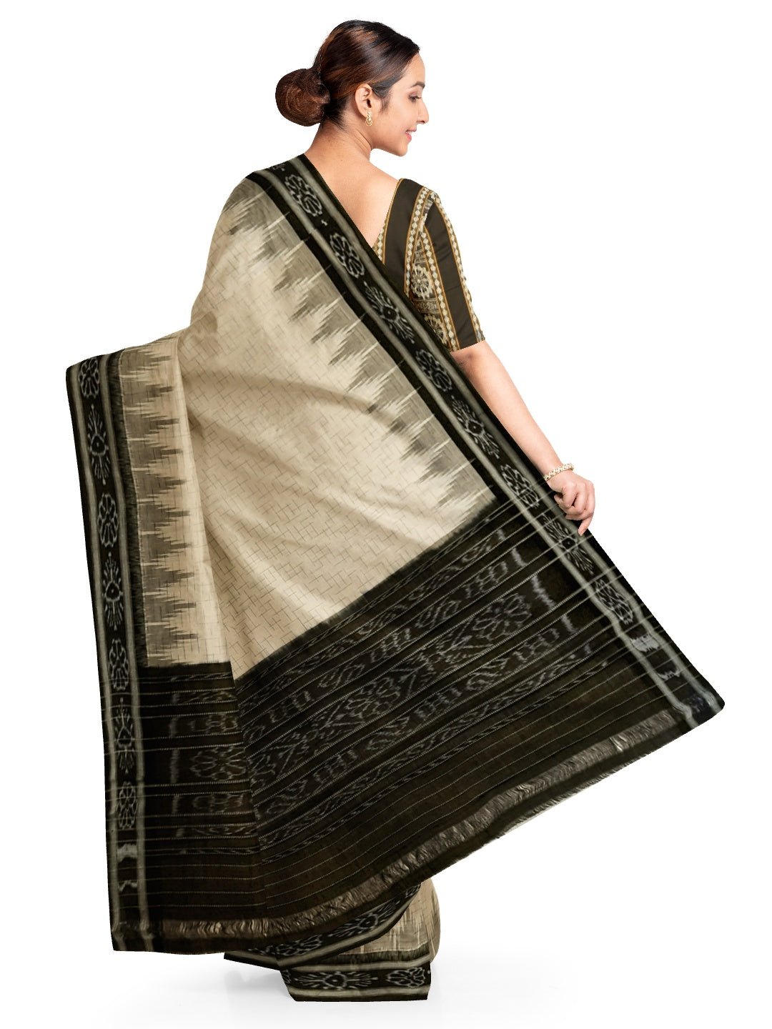 Beige Cotton Odisha Ikat saree with mix match cotton ikat blouse piece