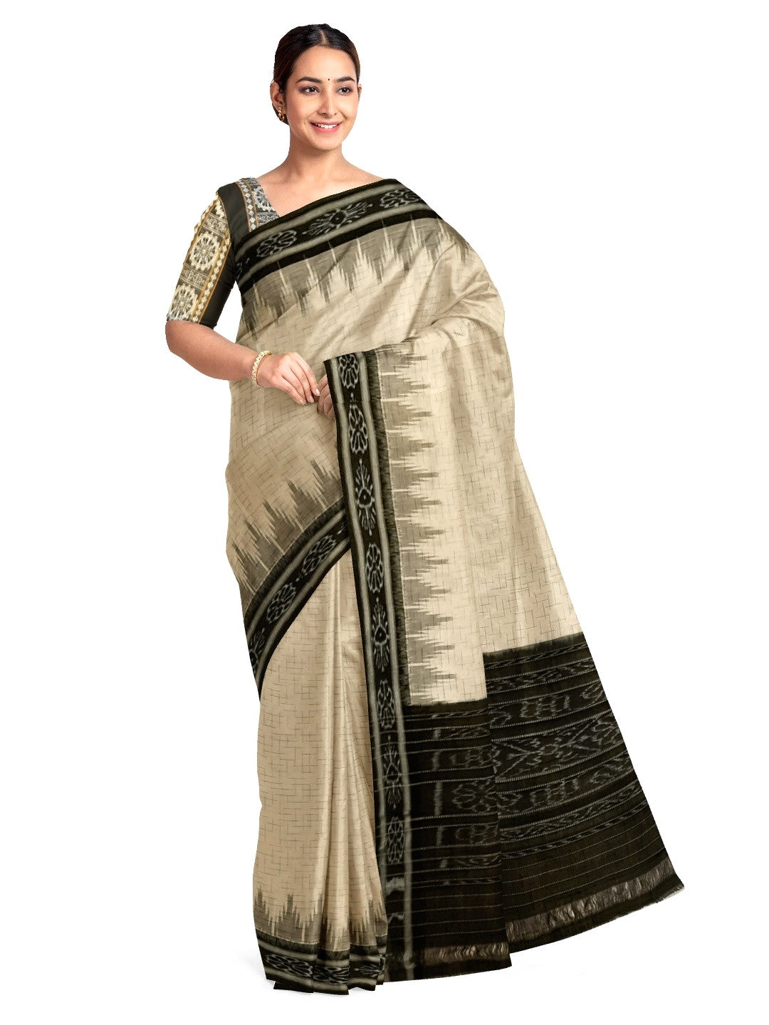 Beige Cotton Odisha Ikat saree with mix match cotton ikat blouse piece