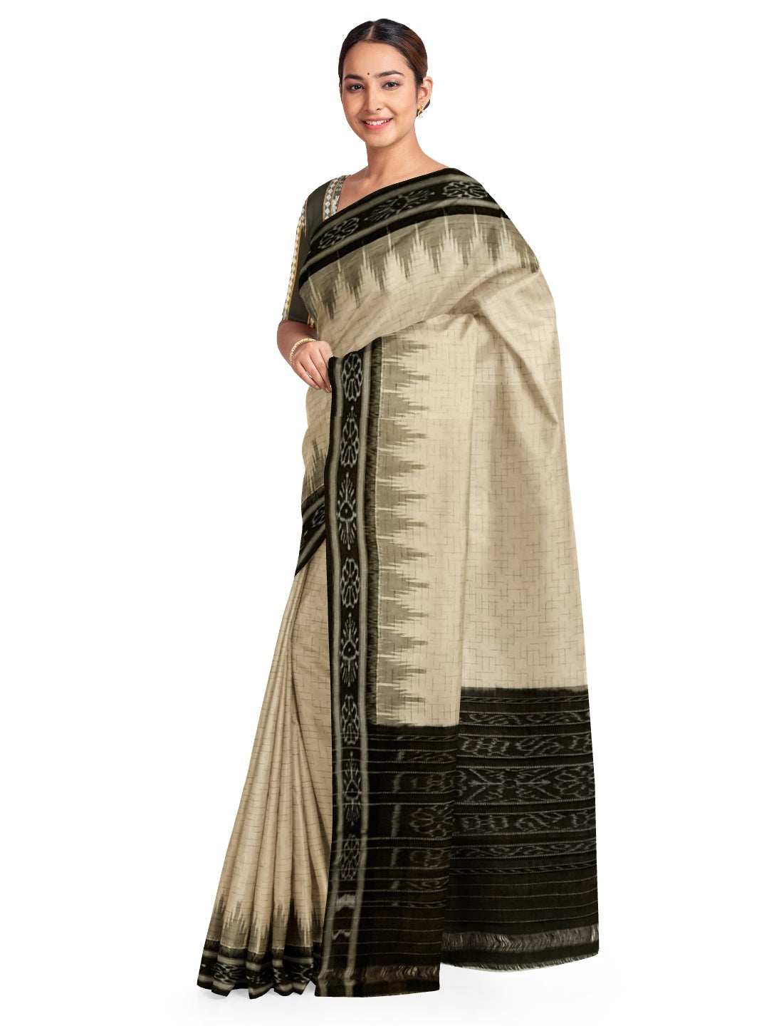 Beige Cotton Odisha Ikat saree with mix match cotton ikat blouse piece