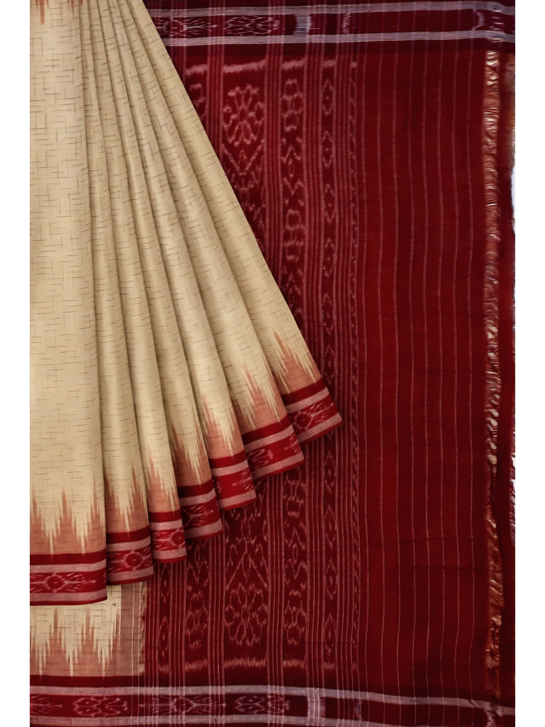 Beige with Maroon Cotton Odisha Ikat saree with mix match cotton ikat blouse piece