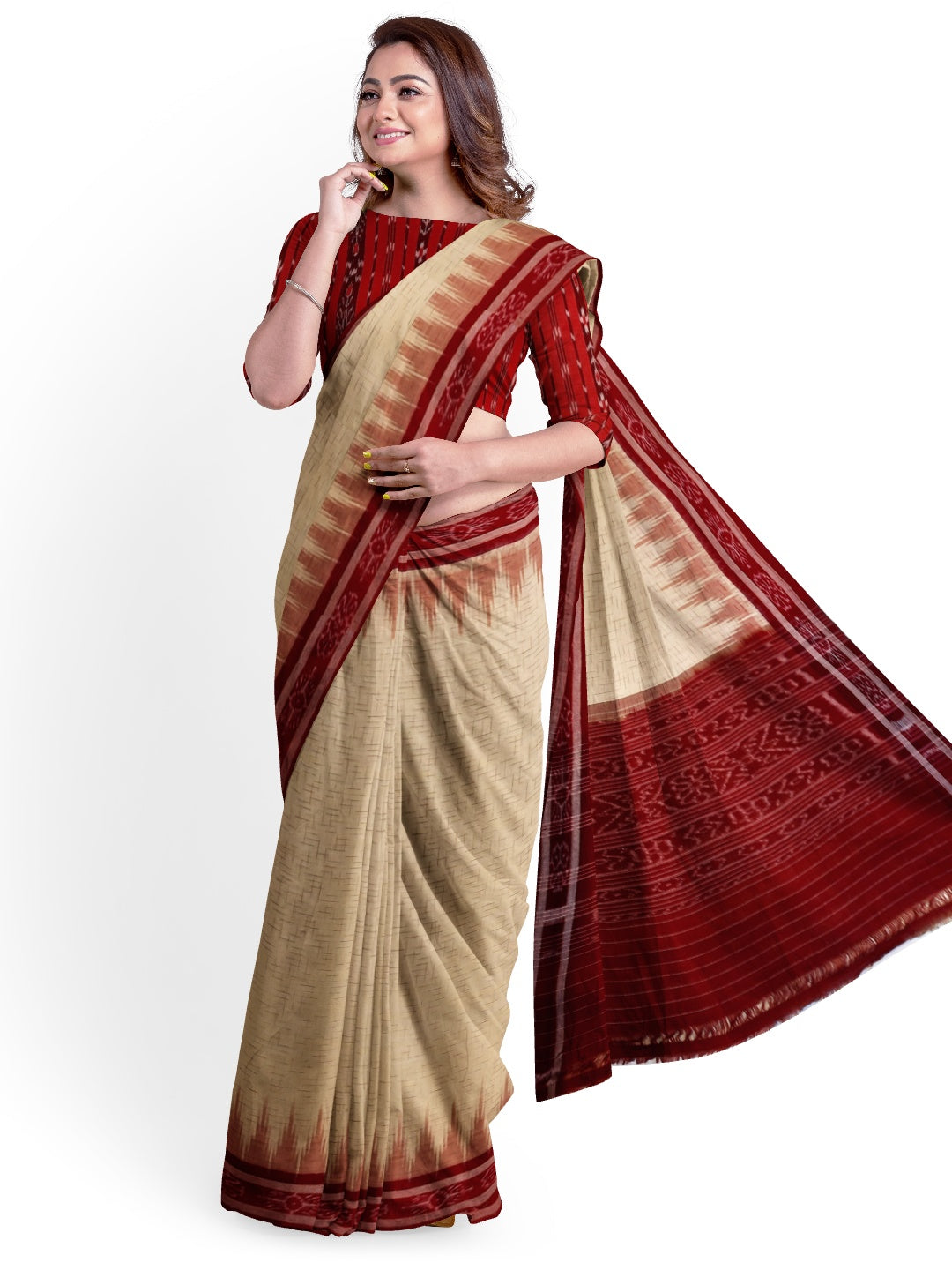 Beige with Maroon Cotton Odisha Ikat saree with mix match cotton ikat blouse piece