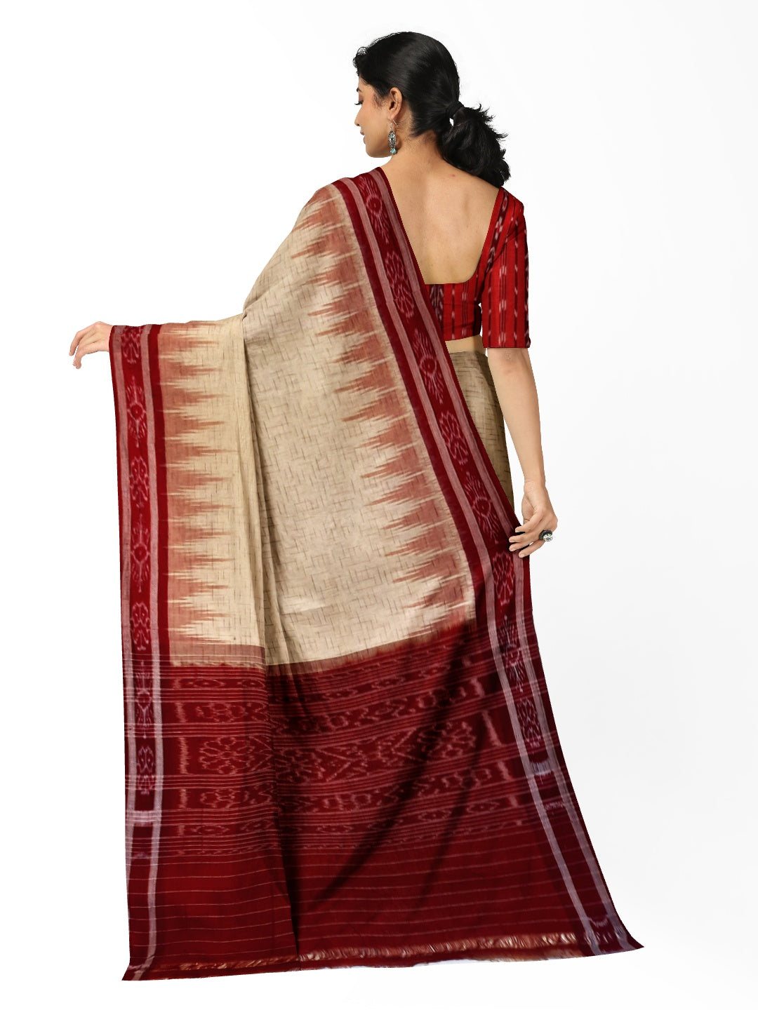 Beige with Maroon Cotton Odisha Ikat saree with mix match cotton ikat blouse piece