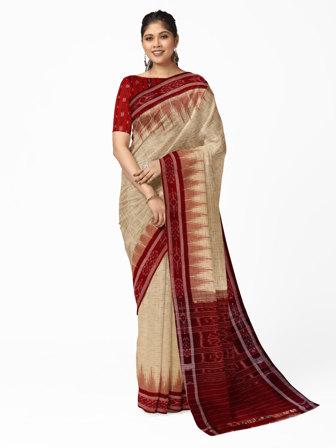 Beige with Maroon Cotton Odisha Ikat saree with mix match cotton ikat blouse piece