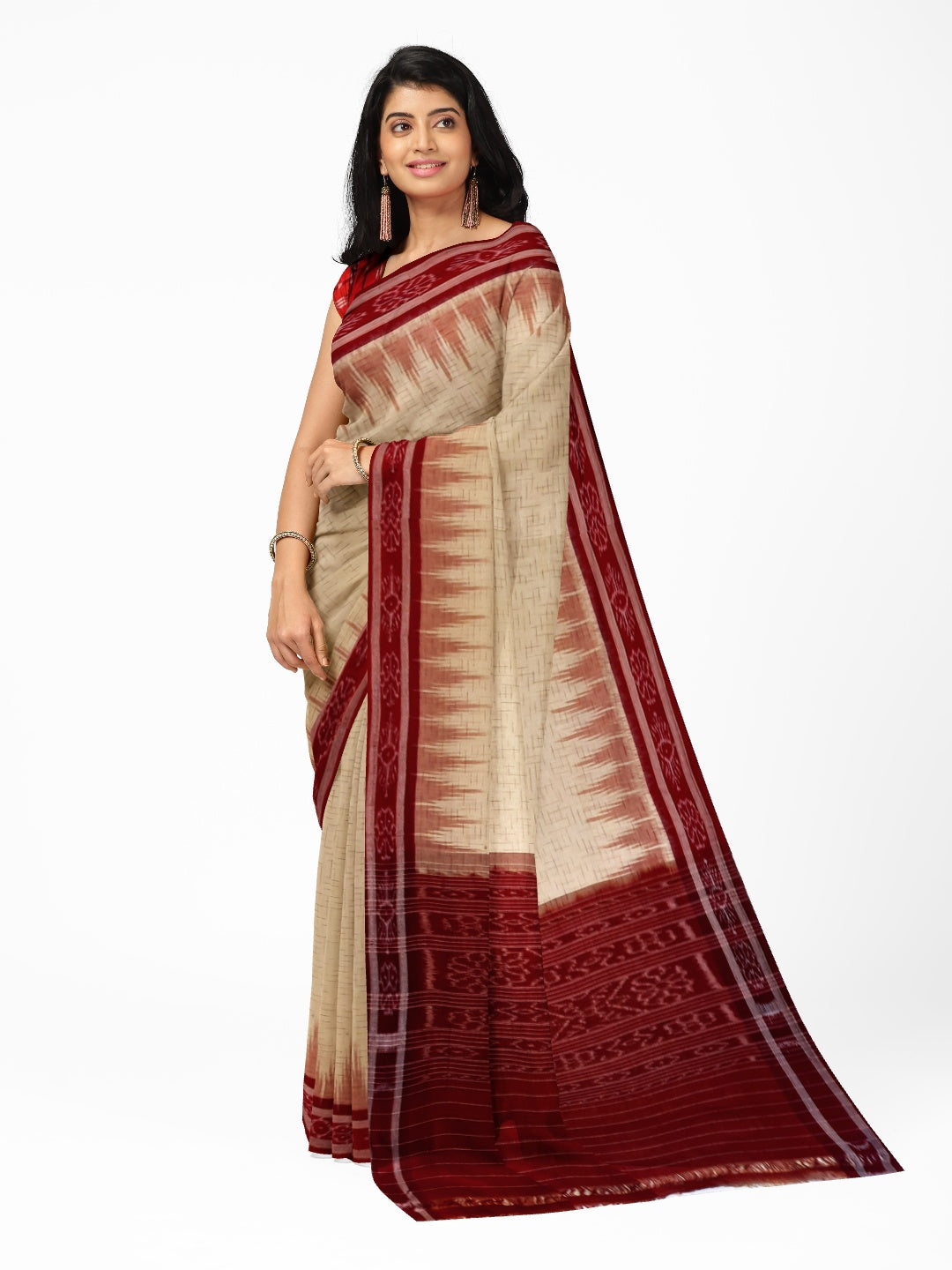 Beige with Maroon Cotton Odisha Ikat saree with mix match cotton ikat blouse piece