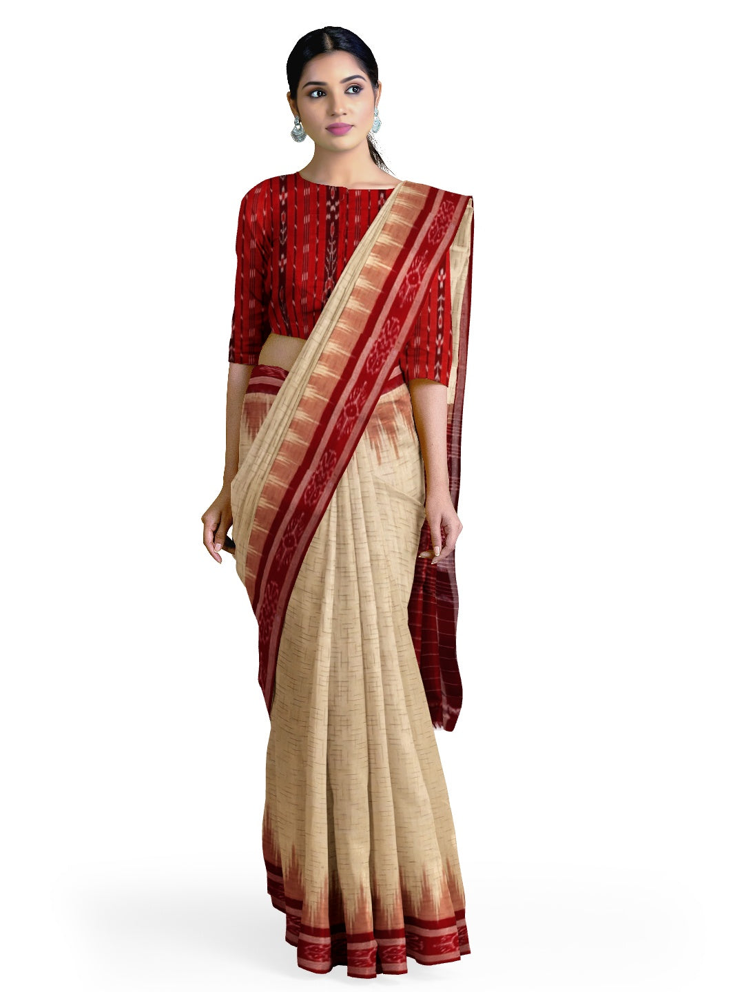 Beige with Maroon Cotton Odisha Ikat saree with mix match cotton ikat blouse piece