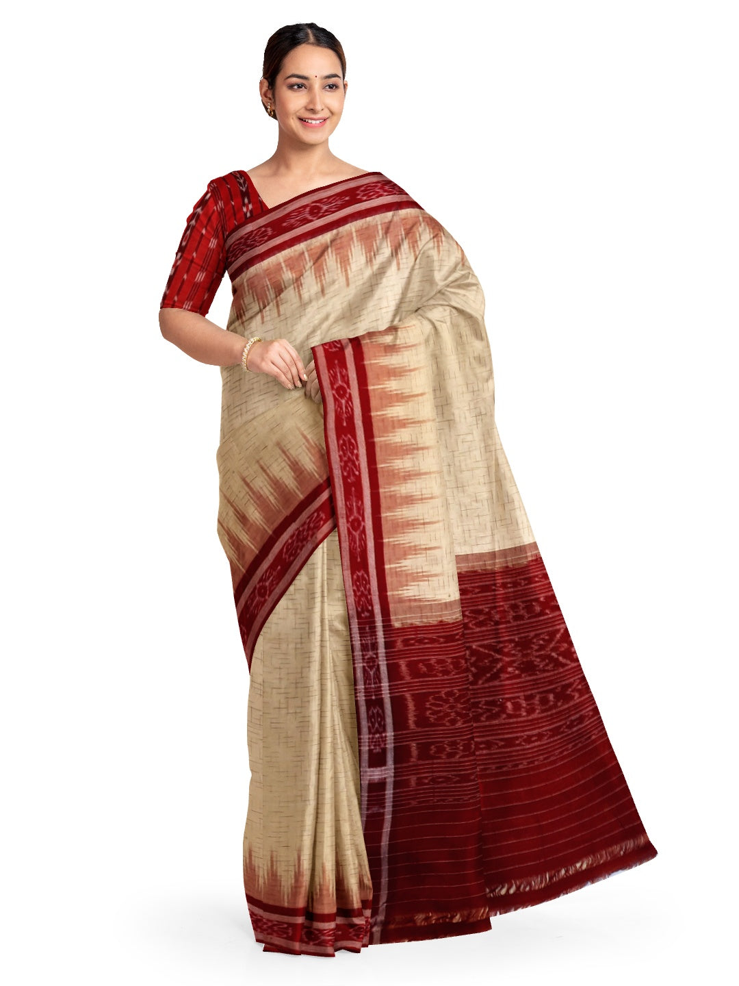 Beige with Maroon Cotton Odisha Ikat saree with mix match cotton ikat blouse piece