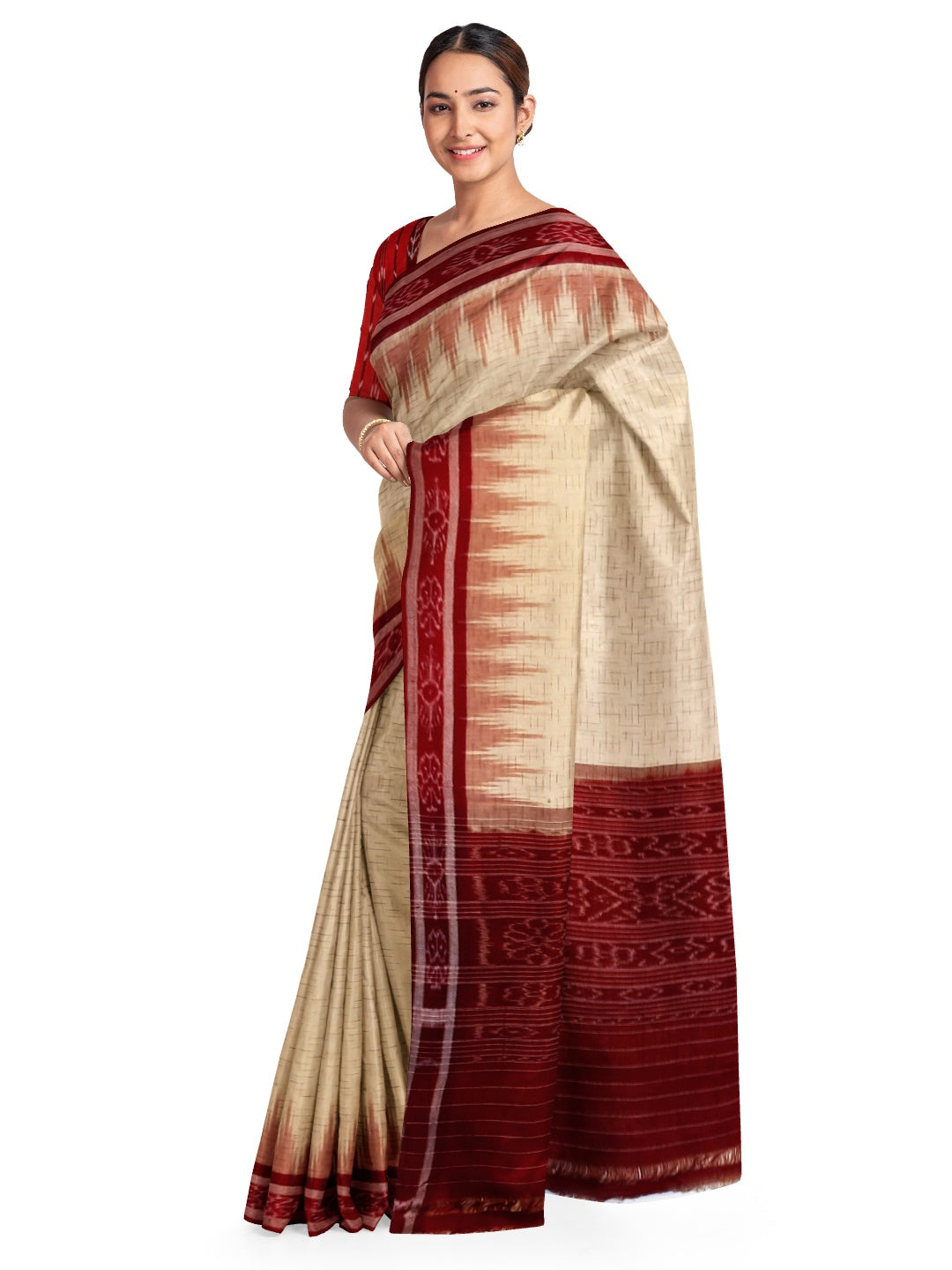 Beige with Maroon Cotton Odisha Ikat saree with mix match cotton ikat blouse piece