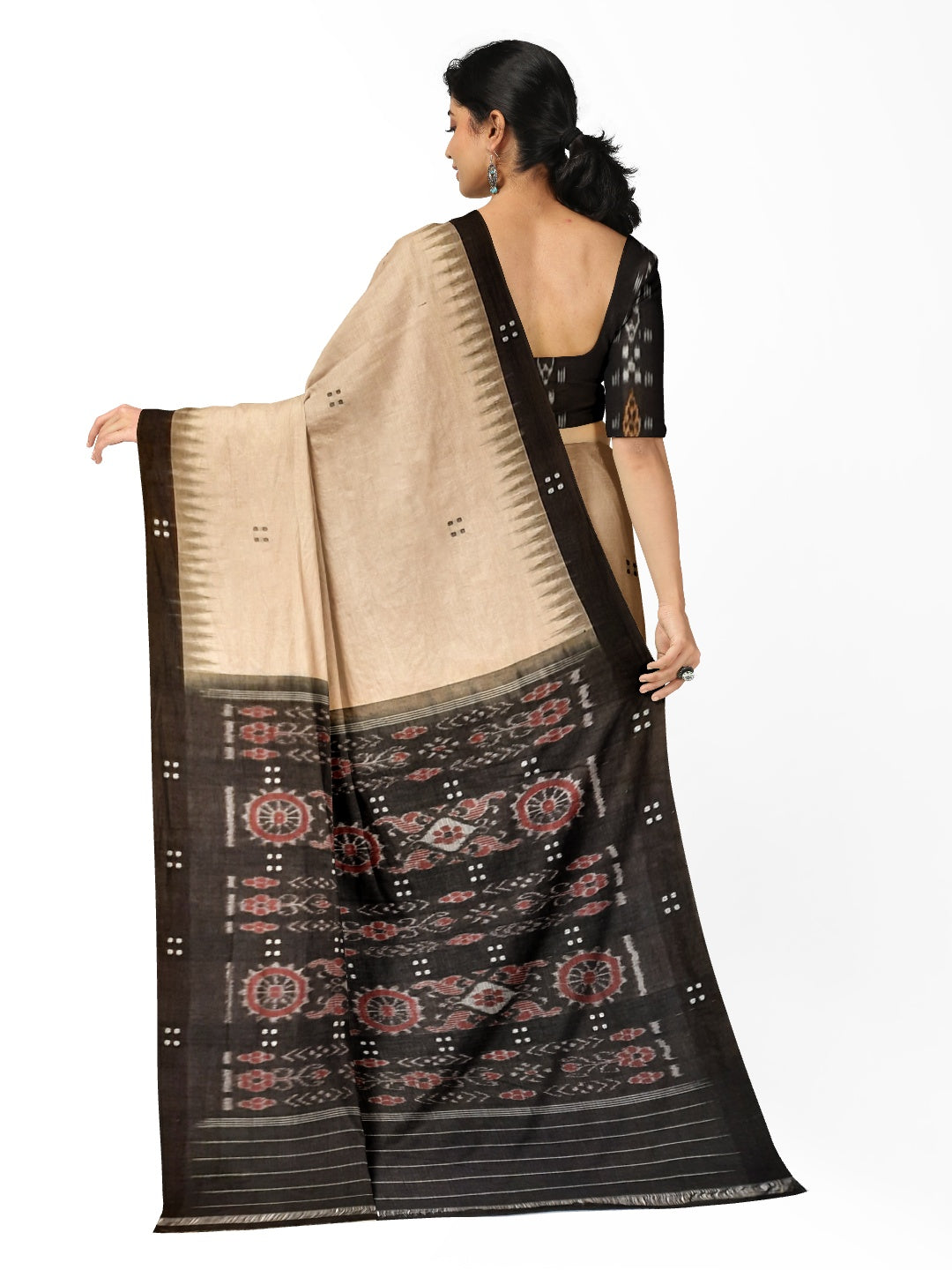 Beige with Black Cotton Odisha Ikat saree  with mix match cotton ikat blouse
