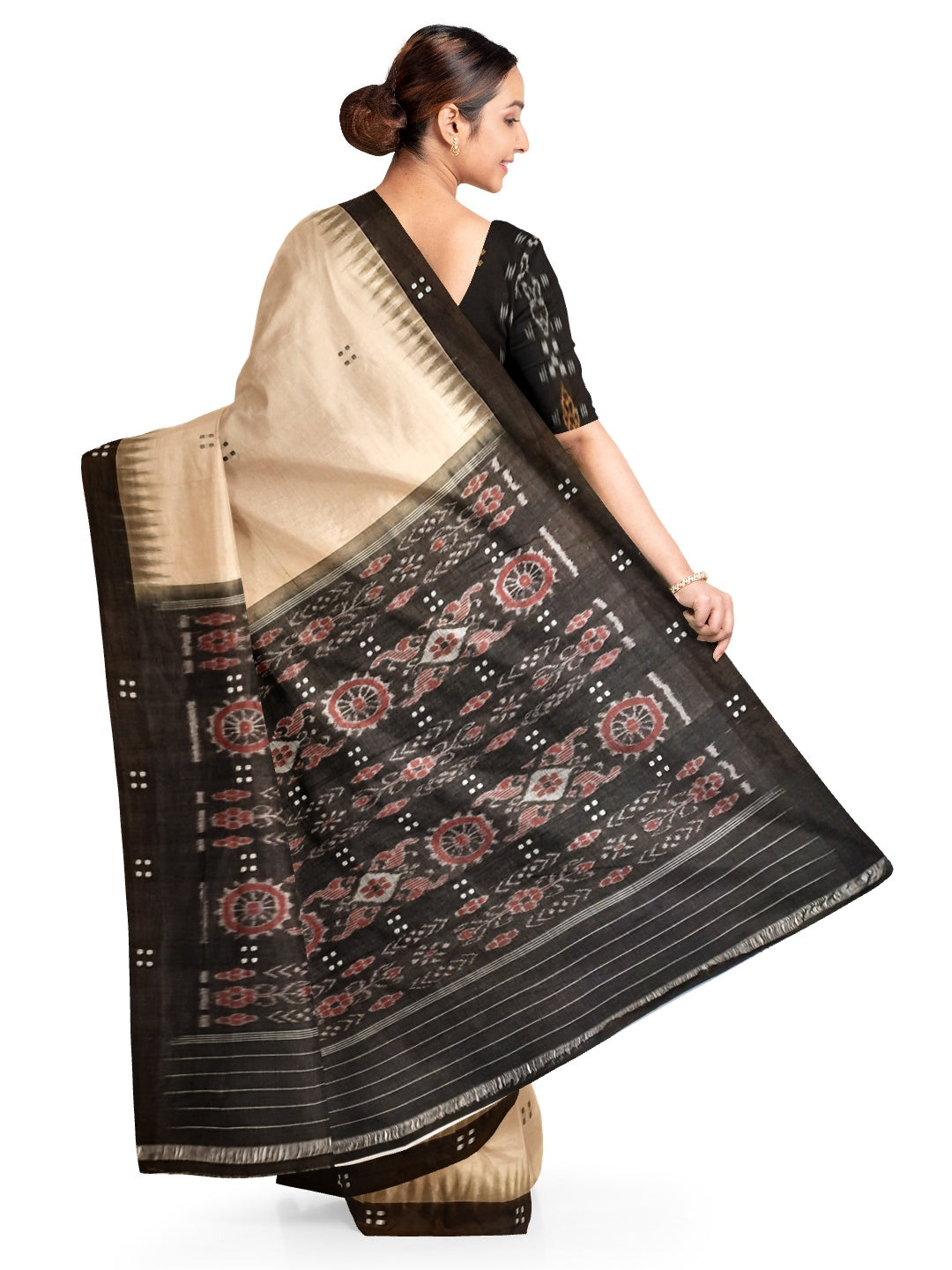 Beige with Black Cotton Odisha Ikat saree  with mix match cotton ikat blouse