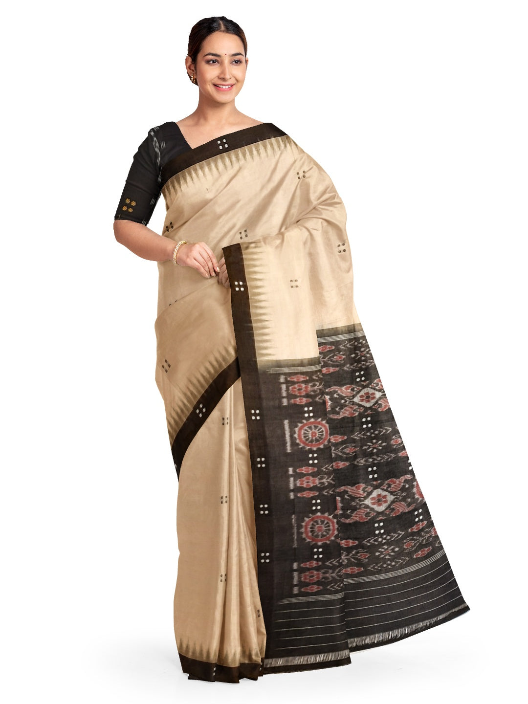 Beige with Black Cotton Odisha Ikat saree  with mix match cotton ikat blouse