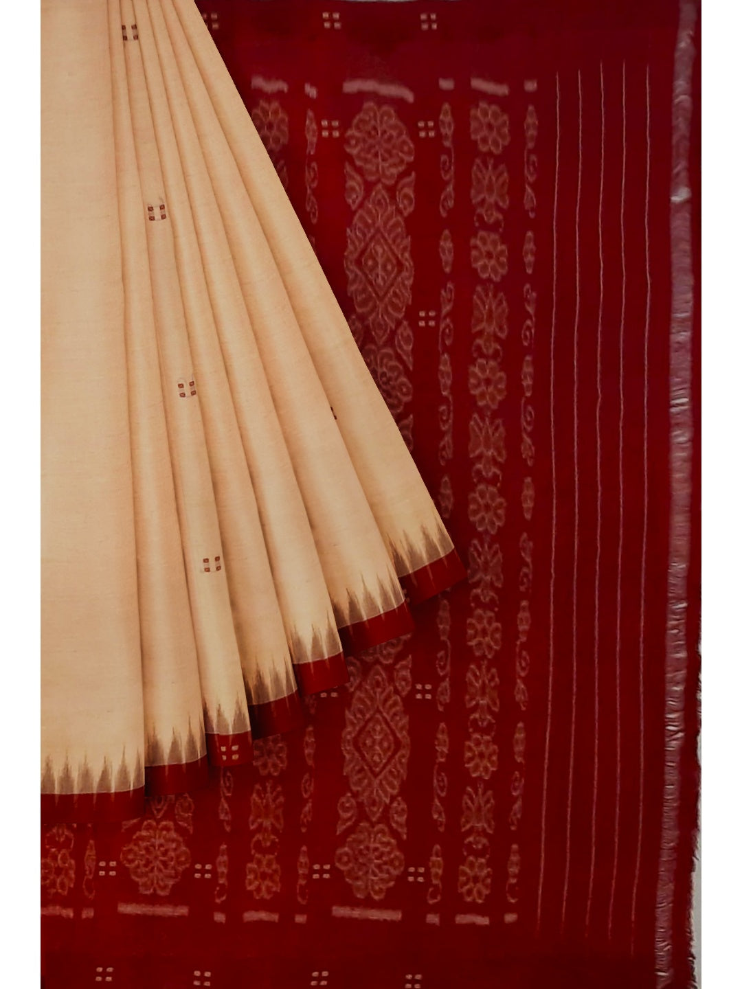 Beige with Maroon Cotton Odisha Ikat saree  with mix match cotton ikat blouse (Copy)