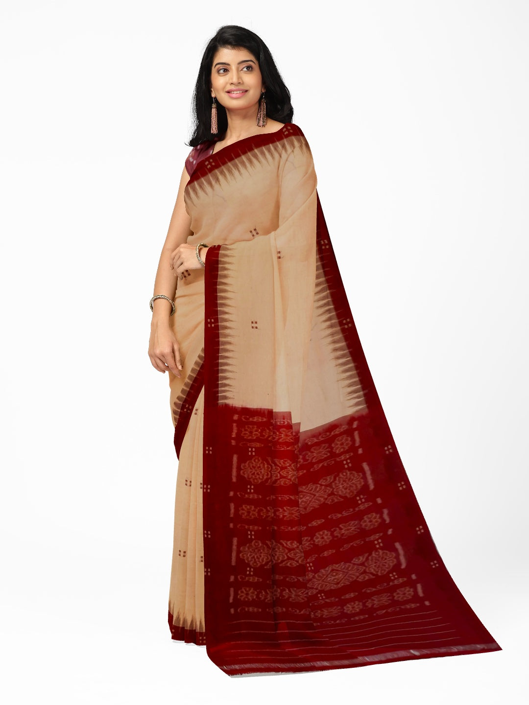 Beige with Maroon Cotton Odisha Ikat saree  with mix match cotton ikat blouse (Copy)