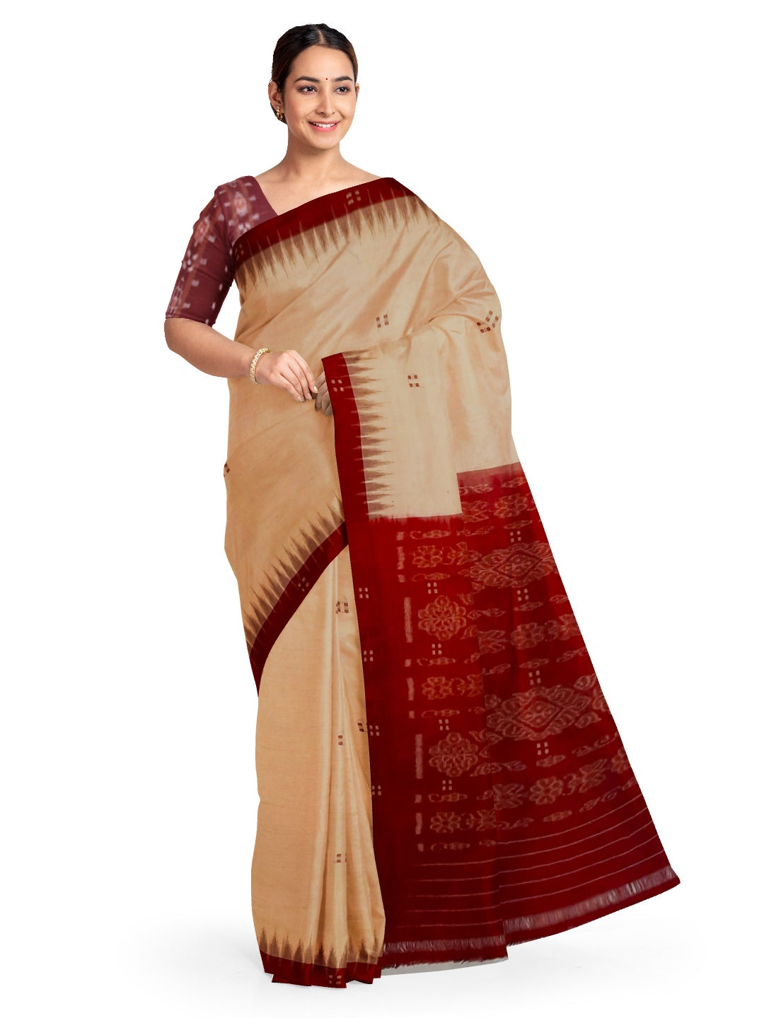 Beige with Maroon Cotton Odisha Ikat saree  with mix match cotton ikat blouse (Copy)